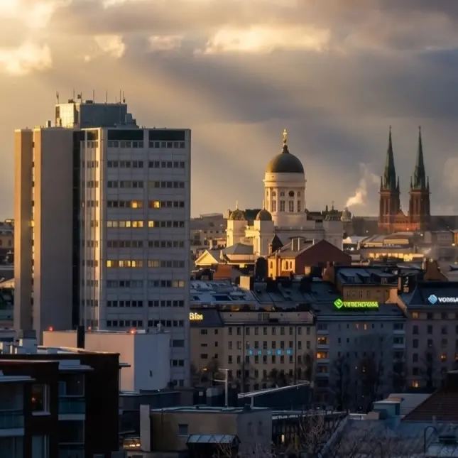 Tuomiokirkko ja Helsingin siluetti iltavalossa