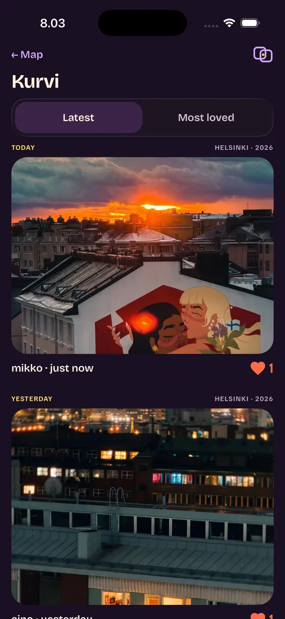The Kurvi Up Top timeline in the app