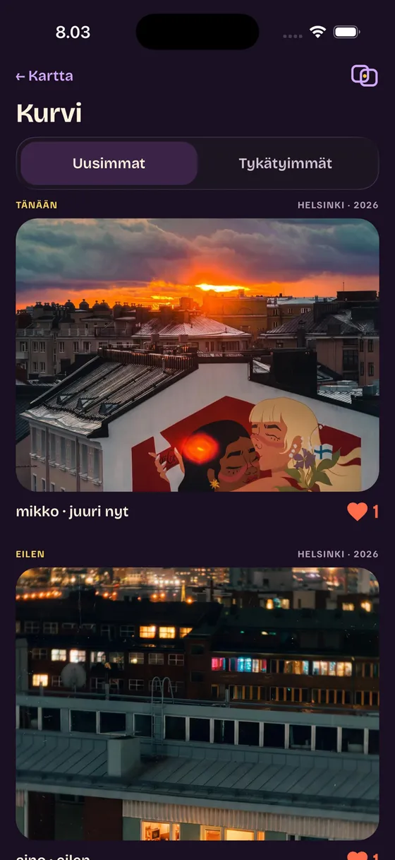 Kurvi Up Topin aikajana sovelluksessa